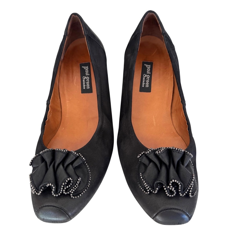 Paul Green Rosette Ballet Flats Women 7.5 Black Nubuck Beaded Ruffle Comfort